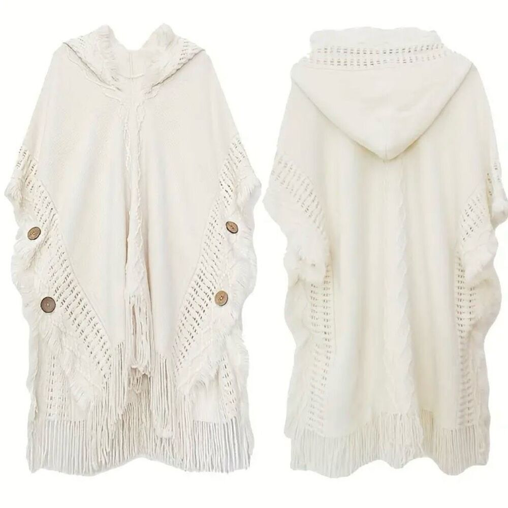 NWT Gorgeous Super Soft One Size OS White Off Fringed Poncho Cape Shawl Hoodie